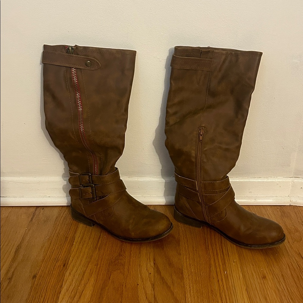Christy Tan Knee-High Boots with Buckle